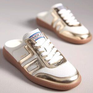 Back 70 PREOWNED Anthropologie Easter Mule Whiye Leather Metallic Gold 37 (6.5)